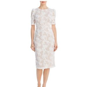 Floral appliqué lace midi sheath dress - white and beige